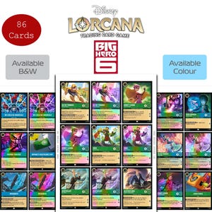 Może przedstawiać: Kolekcja 86 kart kolekcjonerskich Disney Lorcana z postaciami z Big Hero 6. Karty są wyświetlane w formacie siatki, prezentując różne kolorowe ilustracje postaci, takich jak Baymax, Honey Lemon i Fred, wraz ze szczegółami tekstowymi.