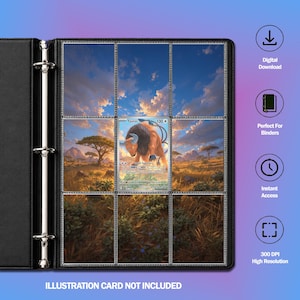 Peut inclure: Une page de classeur noir à trois anneaux avec neuf pochettes en plastique transparent. Une pochette contient une carte à collectionner Tauros montrant un taureau brun dans une savane. À droite, quatre icônes circulaires avec le texte : Digital Download, Perfect For Binders, Instant Access, 300 DPI High Resolution. Le texte en bas indique : ILLUSTRATION CARD NOT INCLUDED.