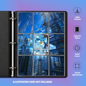 Peut inclure: Un classeur noir à trois anneaux avec neuf pochettes en plastique transparent contenant une carte à collectionner Metang. La carte montre une créature bleue sur un chantier. Le texte à droite indique Digital Download, Perfect For Binders, Instant Access et 300 DPI High Resolution.