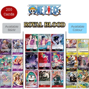 Puede incluir: Una colección de 200 cartas coleccionables One Piece Royal Blood mostradas en hojas. Las cartas presentan varias ilustraciones coloridas de personajes, texto y estadísticas de juego. La imagen incluye el logotipo de One Piece y etiquetas de texto que indican la disponibilidad en blanco y negro o en color.