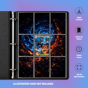 Könnte beinhalten: Ein schwarzer Ringbuchordner mit drei Ringen und neun durchsichtigen Kunststofftaschen pro Seite. Die Taschen zeigen ein Hintergrunddesign aus wirbelnder blauer Energie und orangefarbener Lava. Eine Mega Charizard X Sammelkarte ist in der mittleren Tasche zentriert. Text: Digital Download, Perfect For Binders, Instant Access, 300 DPI High Resolution, ILLUSTRATION CARD NOT INCLUDED.