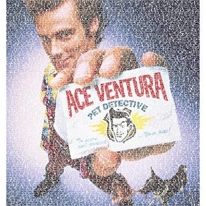 Puede incluir: Una imagen de Ace Ventura sosteniendo un letrero que dice "Ace Ventura Pet Detective". El letrero tiene una imagen de dibujos animados de Ace Ventura y el texto "The scene and protect". El fondo es un mosaico de texto.