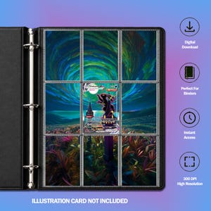 Può includere: Un raccoglitore nero a tre anelli con tasche in plastica trasparente contenente una carta collezionabile con la sagoma di una creatura scura su un paesaggio notturno. A destra sono presenti icone per il download e l'alta risoluzione.