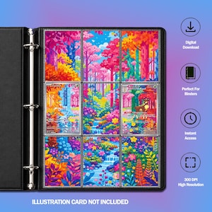 May include: A black three-ring binder containing nine clear plastic pockets filled with colourful, vibrant forest-themed trading card inserts. The right side features text icons for Digital Download, Perfect for Binders, Instant Access, and 300 DPI.