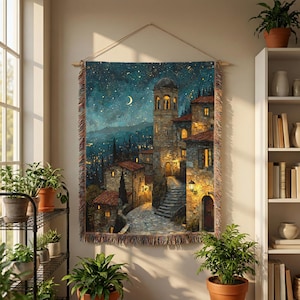 Sternennacht Dorf gewebte Decke | Herbst Produce Schloss Landschaft Tapisserie | Wohnzimmer Wandkunst