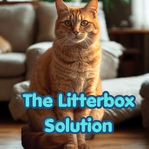 May include: An orange tabby cat sits on a wooden floor, looking directly at the viewer. The text "The Litterbox Solution" is displayed in a blue font across the bottom of the image. The background includes a couch and greenery.