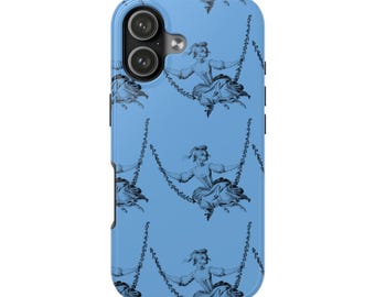 Funda para teléfono Blue Toile Rococo Woman, regalo para ella, dibujo romántico antiguo, estilo cottagecore vintage, estilo fantasía floral.