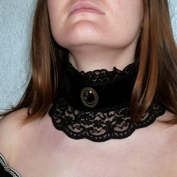 Steampunk  Gothic velvet collar neckband with hematite cabochon in antique brass filigree setting black lace trimmed