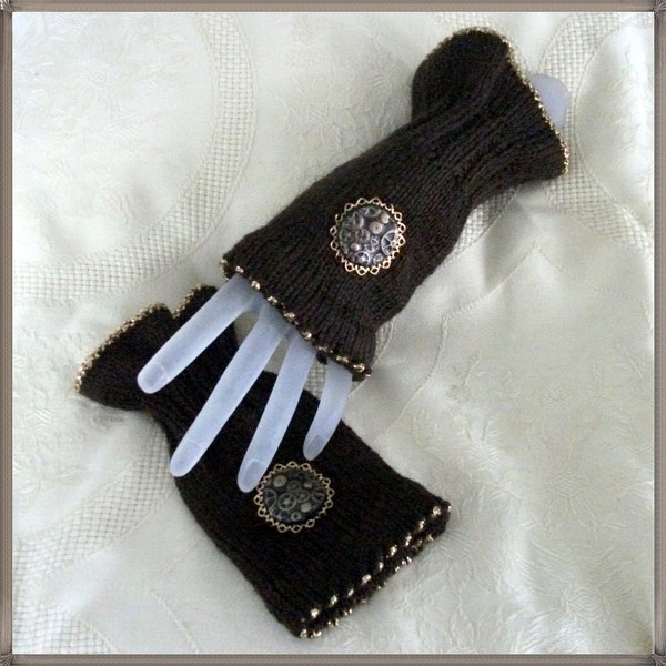 Steampunk mittens fingerless gloves brown and brass knitted with cogs on filigree womens clothing accessories