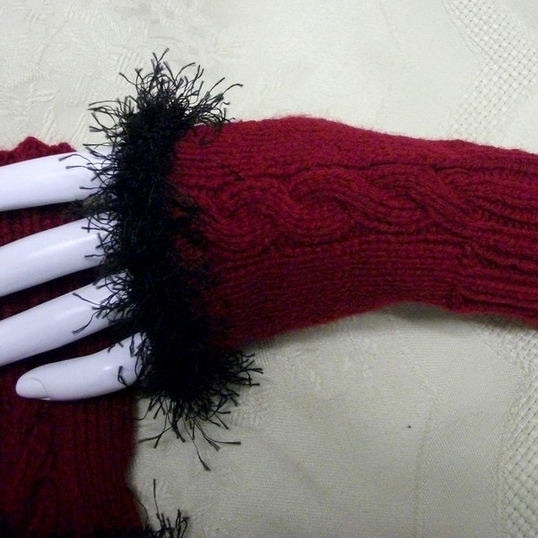 Gothic fingerless mittens gloves red and black Steampunk  armwarmers wristwarmers hand knitted womens clothing accessories furry trim