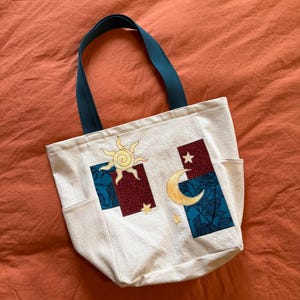 Patchwork Tote Bag | Celestial Sun Moon Stars Canvas Bag