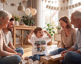 May include: A white t-shirt featuring a graphic of a child playing football with a golden retriever puppy, with the text "KLEINE KICKER GROSSE TRÄUME" printed in green and black. The shirt is worn by a young child sitting on a wooden floor.