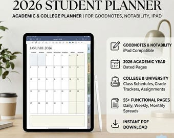 2026 Student Planner Digital Download | GoodNotes iPad Notability | Academic Planner 2026 | College Student Planner PDF | 55+ Pages