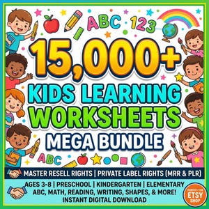 May include: A digital graphic featuring the text 15,000+ KIDS LEARNING WORKSHEETS MEGA BUNDLE, surrounded by illustrations of children, pencils, apples, globes, and rainbows. The design includes educational icons and text labels for ages 3-8.