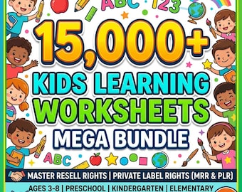 15000+ Kids Learning Worksheets Bundle MRR PLR Resell Rights, Preschool Kindergarten Printables, Homeschool Activity Pages, Done For You