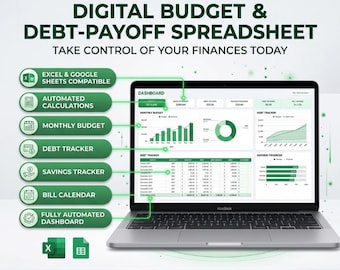 Digital Budget & Debt Payoff Spreadsheet | Excel Google Sheets | Monthly Budget Planner | Savings Tracker | Bill Tracker | Personal Finance