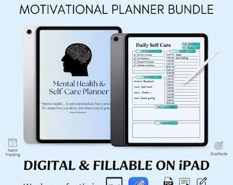 Mental Health Planner Bundle | Digital Self Care Planner iPad Habit Tracker Gratitude Journal Fillable PDF Mental Wellness Planner Printable