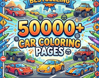 50000+ Car Coloring Pages with MRR PLR Rights | Instant Download PDF | Commercial License | Resell Digital Product | Kids Adults Printable