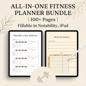 Könnte beinhalten: Ein digitales Fitness-Planer-Bundle auf zwei Tablets. Der Text lautet: "ALL-IN-ONE FITNESS PLANNER BUNDLE | 100+ Pages | Fillable in Notability, iPad." Ein Tablet zeigt einen jährlichen Gewichtsverlust, das andere Gesundheitsziele.