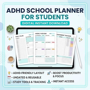 Peut inclure: Planificateur scolaire numérique pour étudiants atteints de TDAH. L'image montre une tablette avec des pages de planification, un stylet et des éléments décoratifs. Le planificateur comprend des suivis quotidiens, hebdomadaires et de devoirs. Le texte comprend "Mise en page adaptée au TDAH".