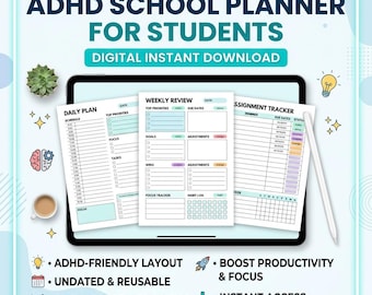 ADHD School Planner for Students | Digital Student Planner | ADHD Friendly Daily Weekly Planner | Study Tracker PDF | iPad Goodnotes Planner