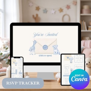 Puede incluir: Una plantilla de invitación digital mostrada en un monitor de computadora, un teléfono inteligente y una tableta. El diseño presenta un sobre color crema con un sello de cera azul, una jirafa azul, un cachorro de león azul y el texto You're Invited y click to open.
