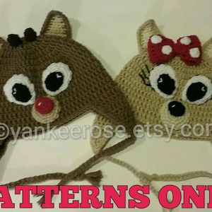 May include: Two crocheted hats, one brown with a reindeer face and the other beige with a deer face and a red and white bow. The hats have long ties. The text "PATTERNS ONLY" is at the bottom of the image.