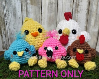 Little Chick, Chicken, Flamingo Amigurumi Dolls - CROCHET PATTERN ONLY