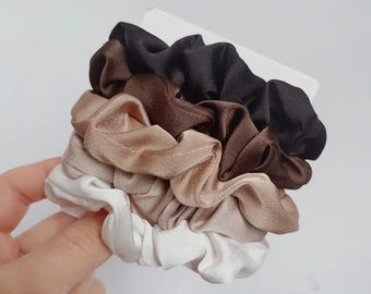 Satin Scrunchie Set – 3 Neutral Hair Ties, Brown & Beige Hair Accessories