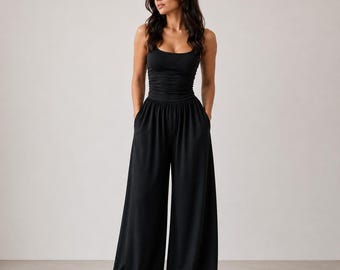 Black Wide Leg Jumpsuit for Women  Sleeveless Palazzo Jumpsuit  Casual Loose Fit One Piece Outfit  Elegant Summer Romper with Pockets