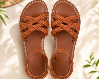 Women Braided Sandals Summer Flat Sandals Elastic Ankle Strap Casual Beach Shoes Boho Gladiator Sandals Gift for Her