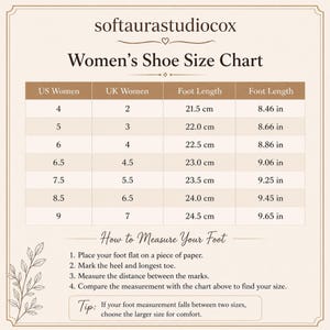 May include: A Women's Shoe Size Chart with US, UK, and foot length measurements in cm and inches. The chart includes sizes 4-9 US, 2-7 UK, and foot lengths from 21.5 cm (8.46 in) to 24.5 cm (9.65 in). Instructions on how to measure your foot are also included.