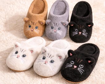 Cute Cat Slippers for Women Plush Cozy Indoor Shoes Soft Fleece Warm House Slippers Anti Slip Winter Home Cute Animal Slides