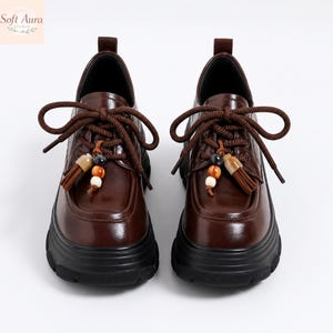Women Chunky Platform Loafers Brown Lace Up Shoes Thick Sole Oxford Platform Shoes Women British Style Comfort Casual Loafers Trendy Shoes