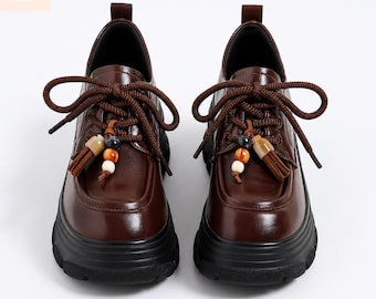 Women Chunky Platform Loafers Brown Lace Up Shoes Thick Sole Oxford Platform Shoes Women British Style Comfort Casual Loafers Trendy Shoes