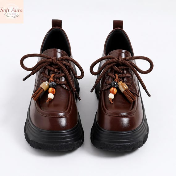Women Chunky Platform Loafers Brown Lace Up Shoes Thick Sole Oxford Platform Shoes Women British Style Comfort Casual Loafers Trendy Shoes