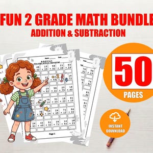May include: A bundle of 50 pages of 2nd grade math worksheets for addition and subtraction. The worksheets feature a cartoon girl pointing at math problems. The text "FUN 2 GRADE MATH BUNDLE ADDITION & SUBTRACTION" is at the top.