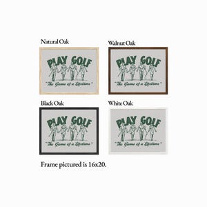 Four frame color options shown for a framed print, displayed in a 16x20 inch size: Natural Oak (light wood frame, top left), Walnut Oak (dark brown frame, top right), Black Oak (black frame, bottom left), and White Oak (white frame, bottom right).