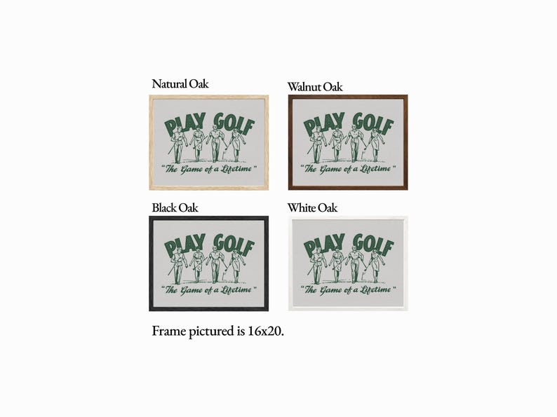 Four frame color options shown for a framed print, displayed in a 16x20 inch size: Natural Oak (light wood frame, top left), Walnut Oak (dark brown frame, top right), Black Oak (black frame, bottom left), and White Oak (white frame, bottom right).