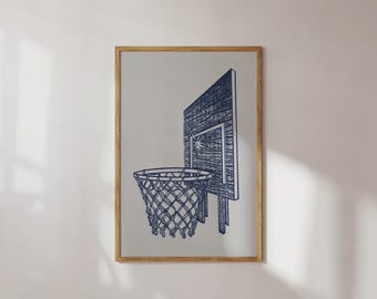 Lámina decorativa de aro de baloncesto azul marino / Estampado deportivo clásico para oficina / Decoración vintage para cueva de hombre / ArtSalt
