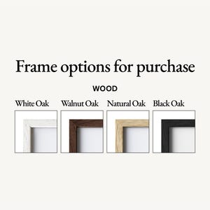 Frame options chart showing eight choices for framed golf wall art. Wood frames in White Oak, Walnut Oak, Natural Oak, and Black Oak.