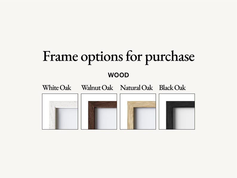 Frame options chart showing eight choices for framed golf wall art. Wood frames in White Oak, Walnut Oak, Natural Oak, and Black Oak.