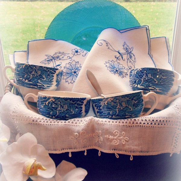 Teatime Gift Basket - Blue and White Theme - Paul Revere Tea Cups - Embroidered Linen Napkins - Cobalt Glass Cake Plate - White Linen Runner