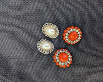 2 Pairs Vintage Clip-on Earrings Orange and Pearl
