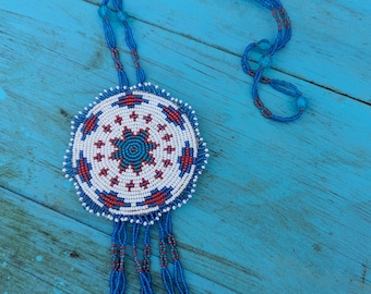 Native American Vintage Seed Bead Necklace Medallion Pendant Blue Red