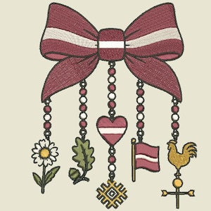 May include: An embroidered design featuring a large maroon and white bow at the top. Five beaded chains hang from the bow, ending in a white daisy, an oak leaf with an acorn, a maroon heart, a small maroon and white flag, and a gold rooster weather vane.