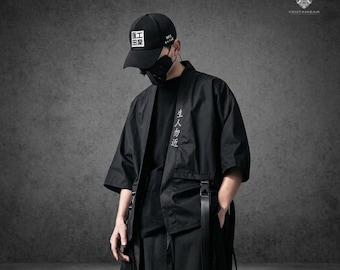 Zwarte heren kimono, Japans haori-vest, samoerai-ninjakostuum, streetwear yukata-gewaad