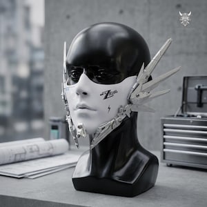Può includere: Una testa di manichino nera indossa una maschera facciale bianca con accessori meccanici argentati a forma di ala sui lati. La maschera presenta il testo Z Gundam, un piccolo simbolo a forma di fulmine e complesse linee di pannellatura.