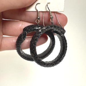 Vintage Black Snakeskin Hoop Earrings, Textured Reptile Statement Jewelry (1.25 Inch)