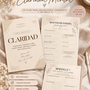 Op de afbeelding: Een beige digitale planner-set getiteld 4 Semanas de Claridad Mental, bestaande uit een voorpagina, een Mi Punto de Partida werkblad en een Semana 2 gewoonte-trackerpagina met A4-printbare tekst in een neutrale kleur.